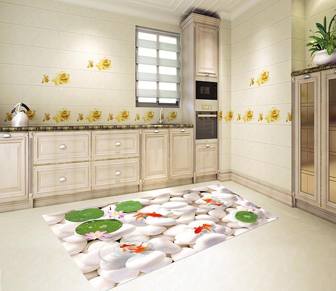 3D Pebbles Fishes Flowers 038 Kitchen Mat Floor Mural Wallpaper AJ Wallpaper 