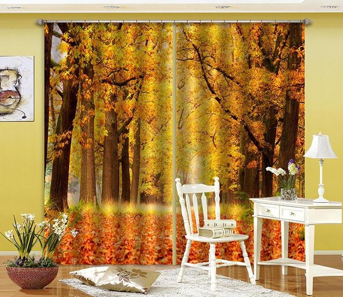 3D Autumn Trees Fallen Leaves 605 Curtains Drapes Wallpaper AJ Wallpaper 