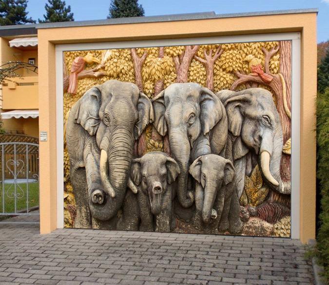 3D Elephants Carvings 392 Garage Door Mural Wallpaper AJ Wallpaper 
