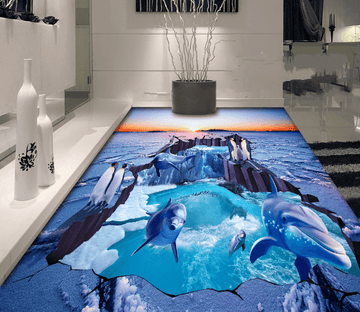 3D Dolphins And Penguins Floor Mural Wallpaper AJ Wallpaper 2 