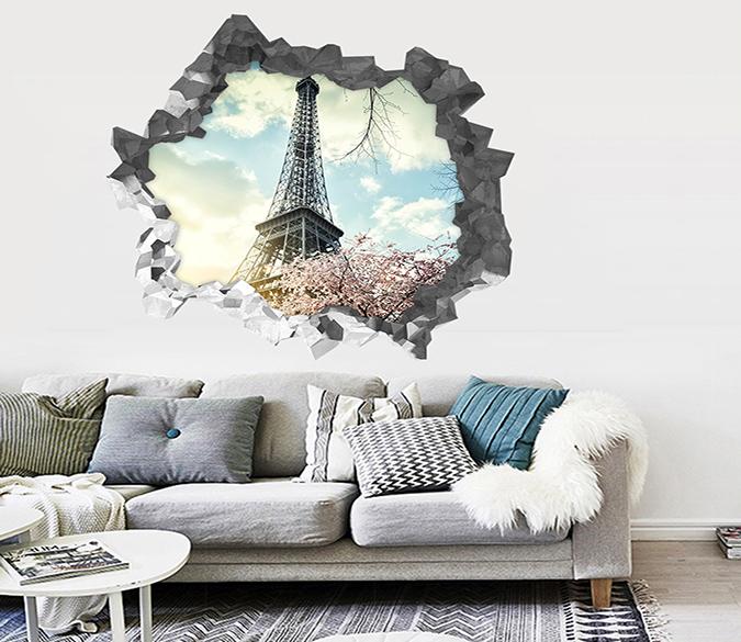 3D Eiffel Tower Flowers 208 Broken Wall Murals Wallpaper AJ Wallpaper 