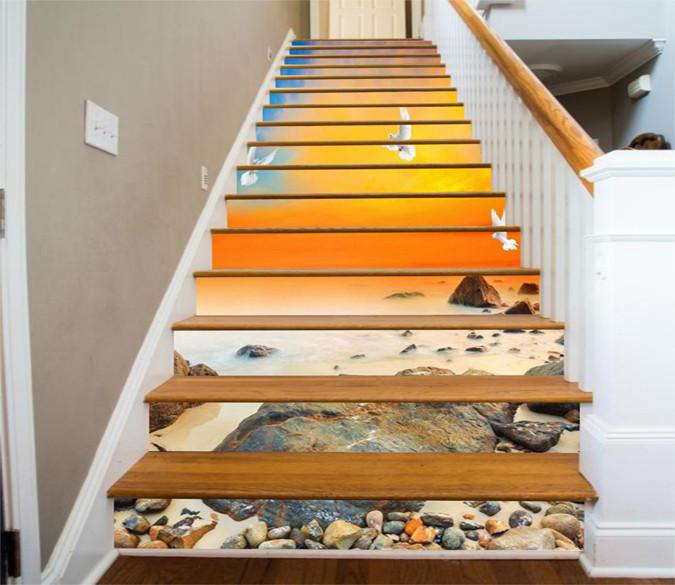 3D Sunset Beach Stones And Seagulls 402 Stair Risers Wallpaper AJ Wallpaper 