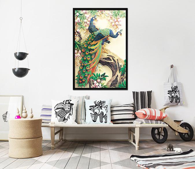 3D Beautiful Peacock 084 Fake Framed Print Painting Wallpaper AJ Creativity Home 