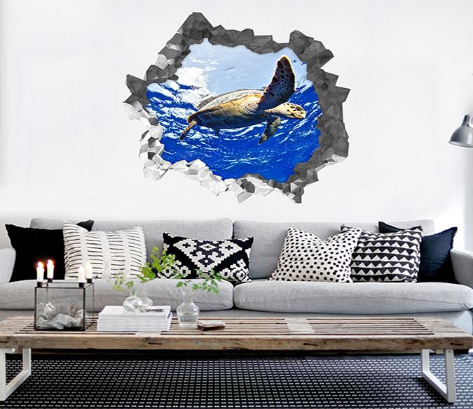 3D Blue Ocean Turtle 192 Broken Wall Murals Wallpaper AJ Wallpaper 