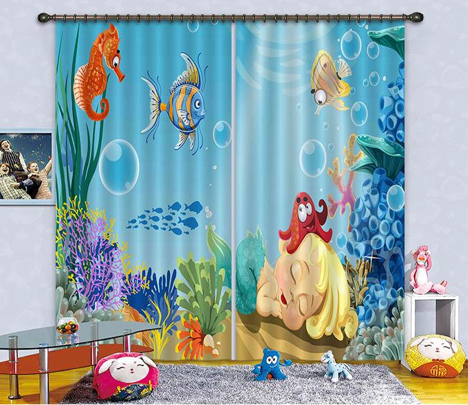 3D Seabed Cute Mermaid 2239 Curtains Drapes Wallpaper AJ Wallpaper 