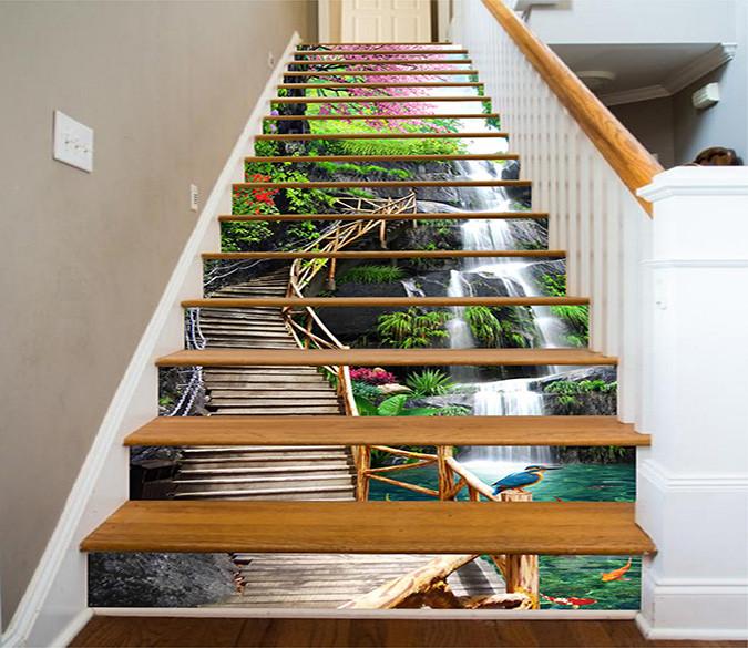 3D Waterfall Wooden Stairs 1155 Stair Risers Wallpaper AJ Wallpaper 