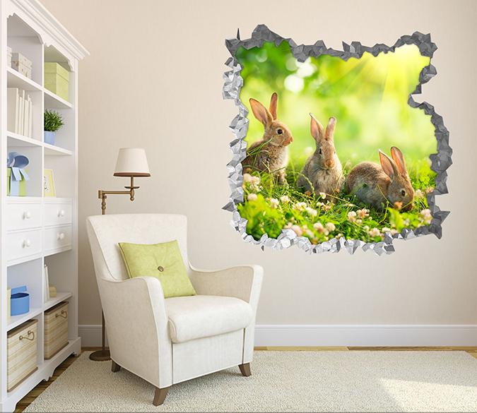 3D Grassland Rabbits 191 Broken Wall Murals Wallpaper AJ Wallpaper 
