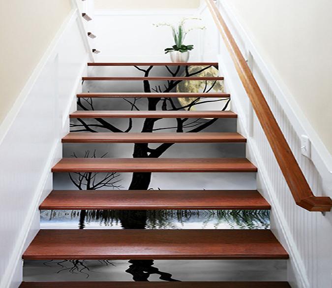 3D Sea Bare Trees Full Moon 1030 Stair Risers Wallpaper AJ Wallpaper 