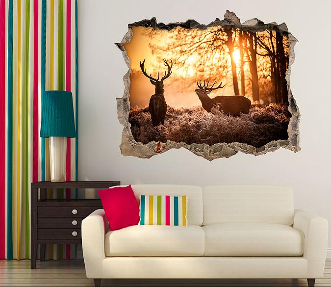 3D Sunset Forest Aniamls 118 Broken Wall Murals Wallpaper AJ Wallpaper 