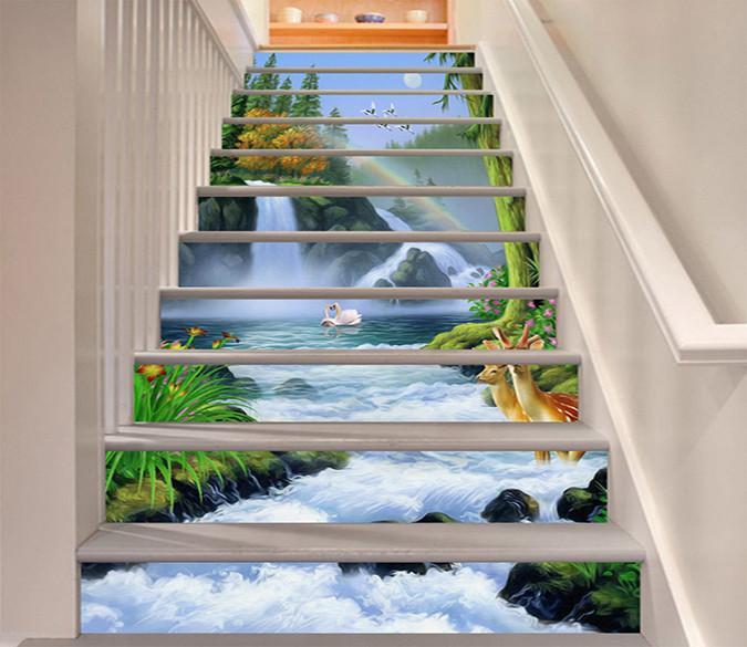 3D Waterfall Rainbow Animals 1481 Stair Risers Wallpaper AJ Wallpaper 