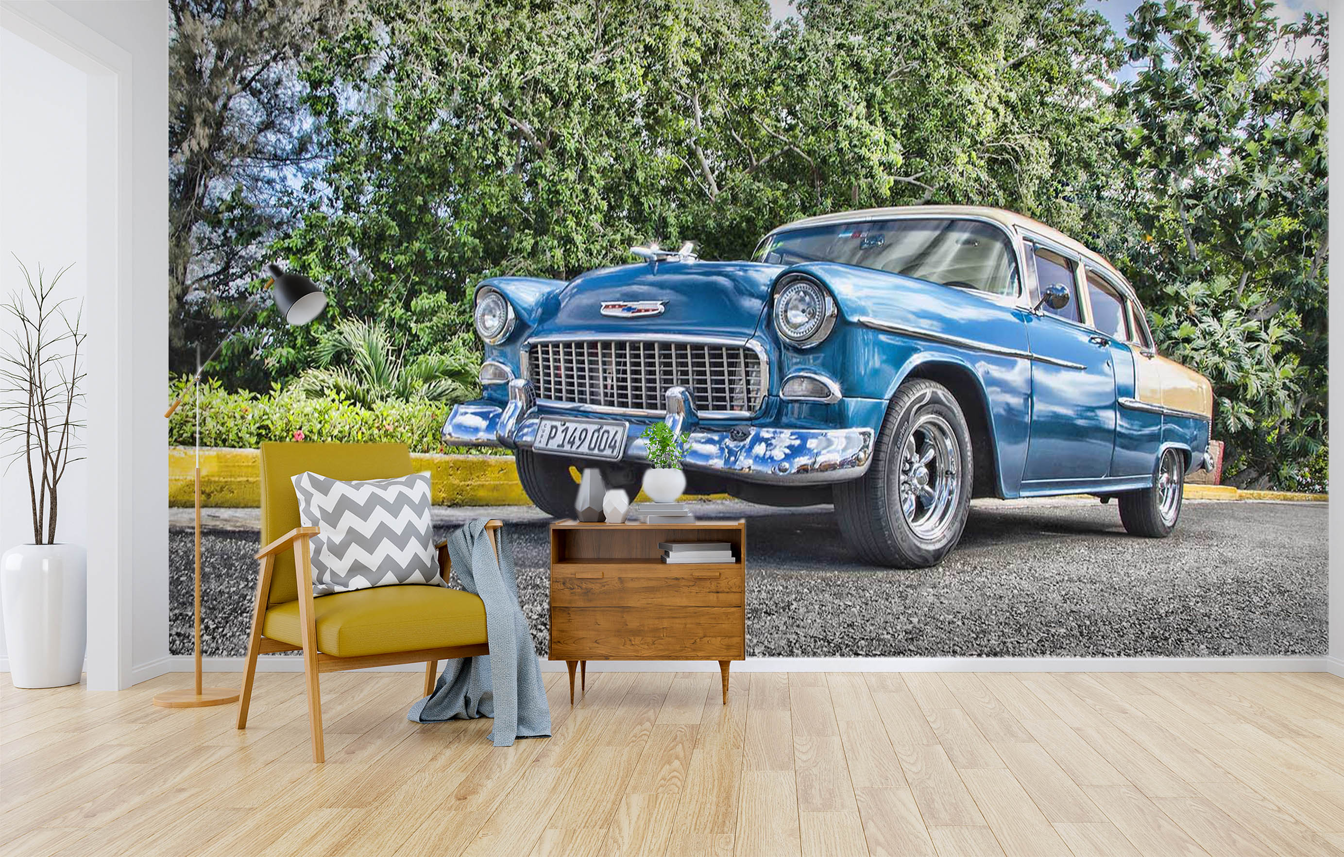 3D Woods Blue Car 095 Vehicle Wall Murals