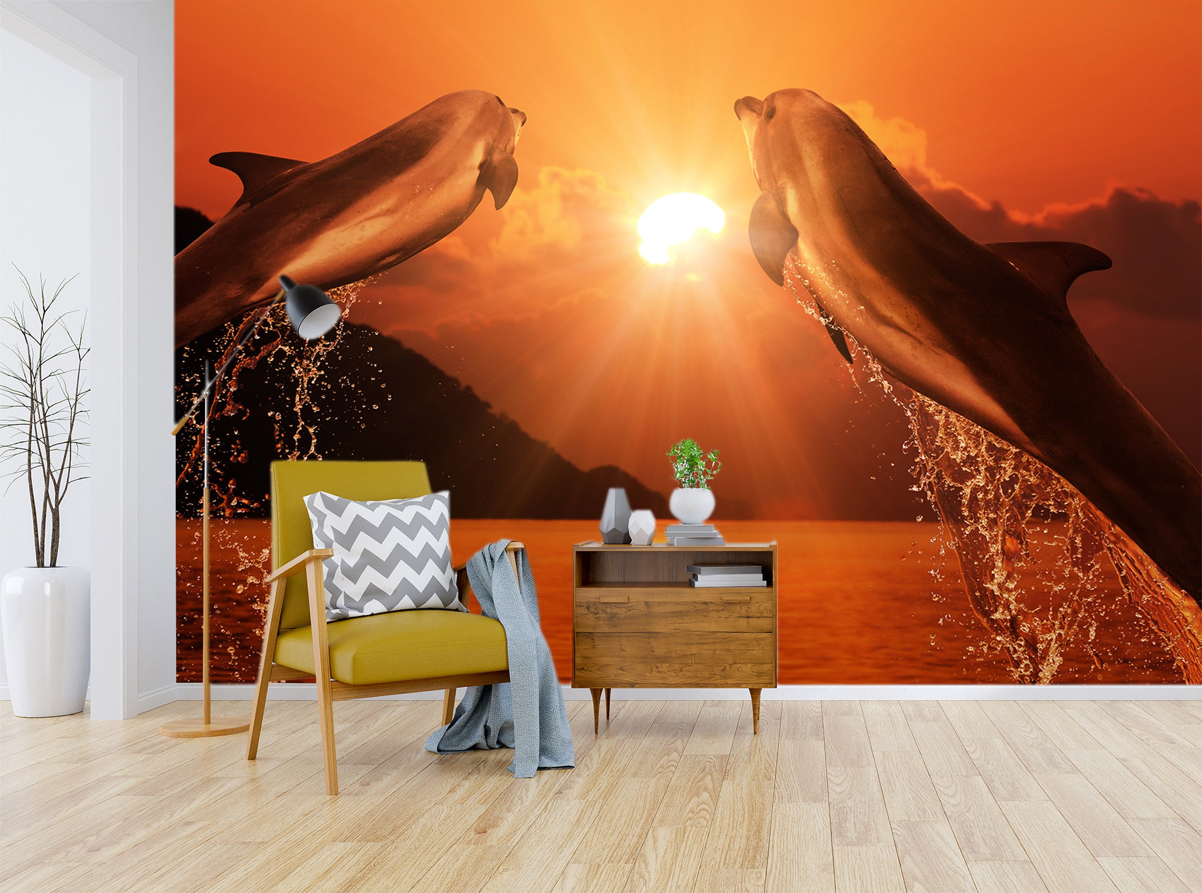 3D Sunset Dolphin 114 Wall Murals