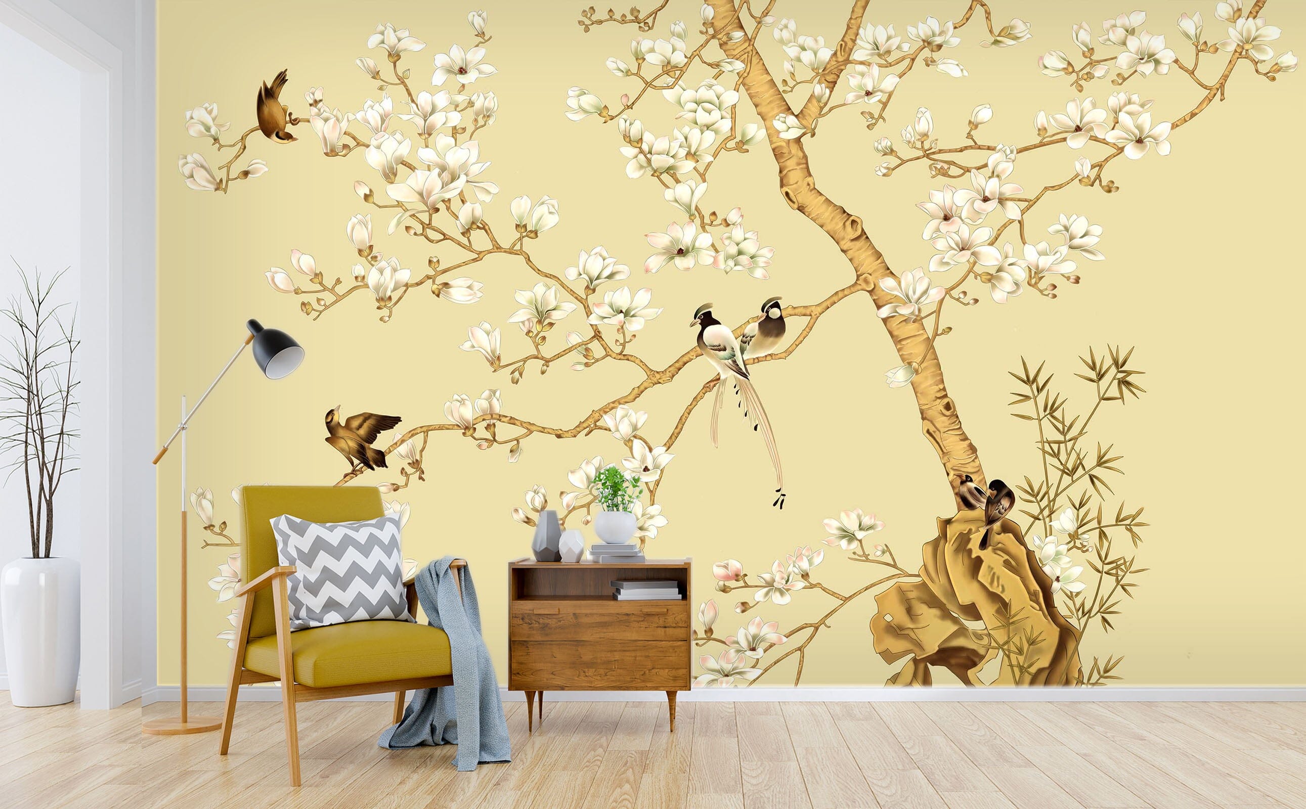 3D Flower Bird Yellow 022 Wall Murals Wallpaper AJ Wallpaper 2 