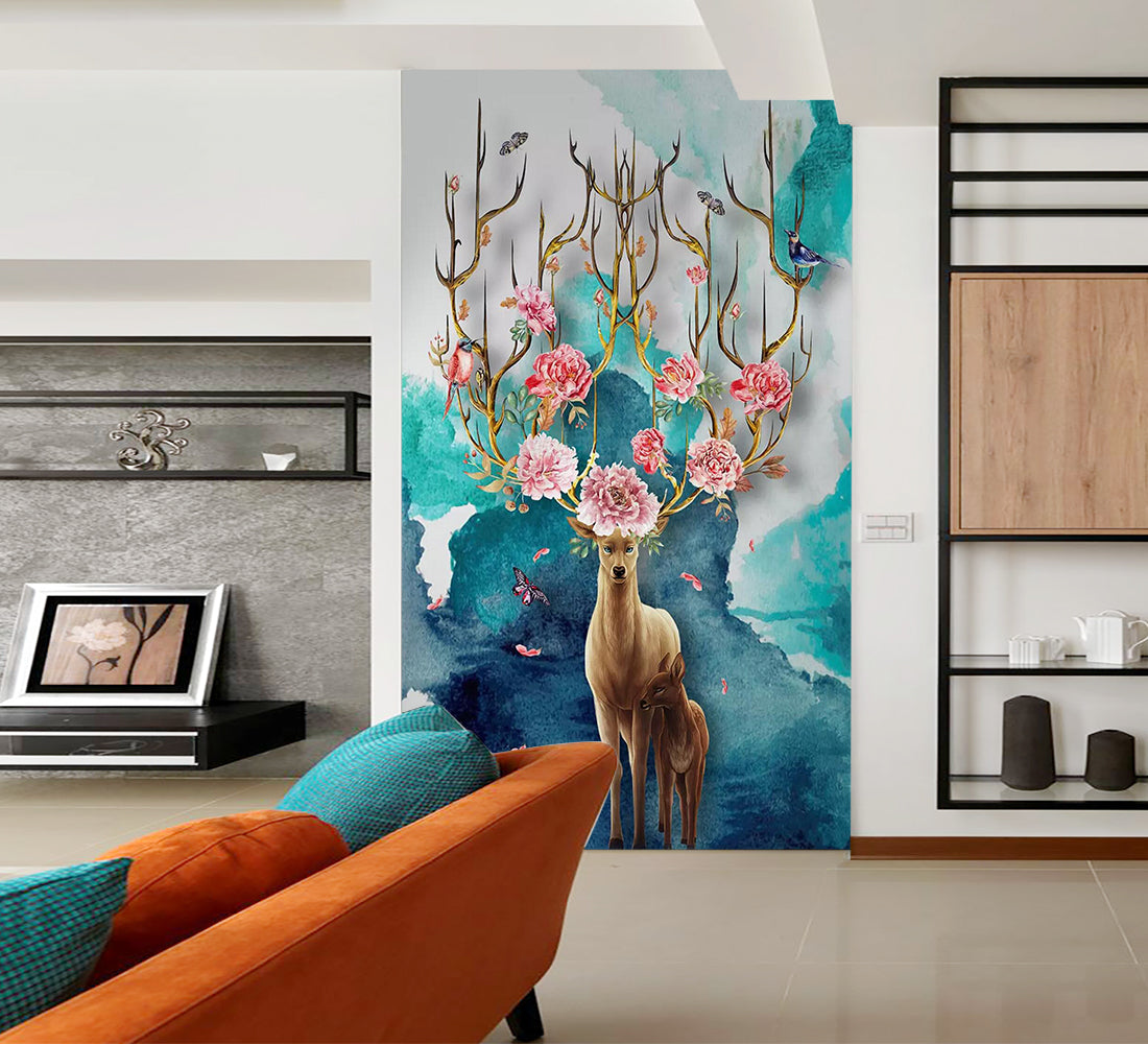 3D Peony Fawn WC853 Wall Murals