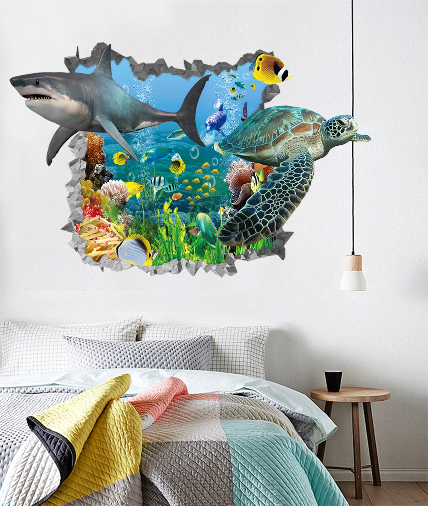 3D Ocean Shark And Turtle 184 Broken Wall Murals Wallpaper AJ Wallpaper 