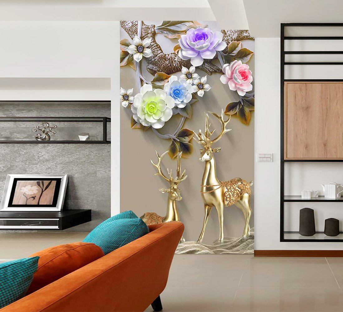 3D Golden Deer Flower 487 Wallpaper AJ Wallpaper 