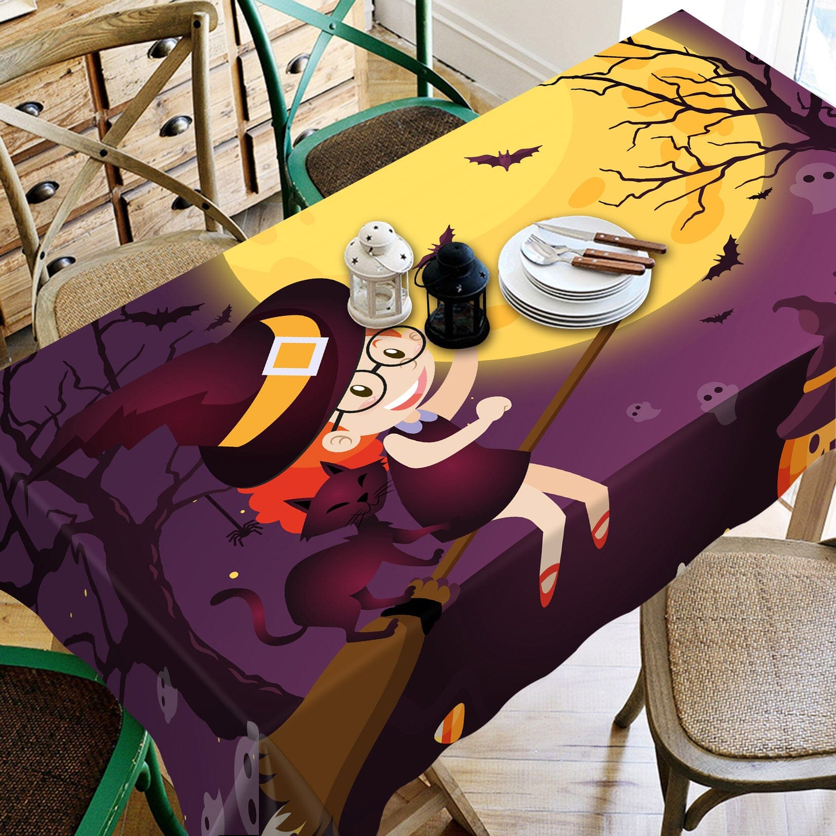 3D Cute Witch Bat Cat 042 Halloween Tablecloths Wallpaper AJ Wallpaper 
