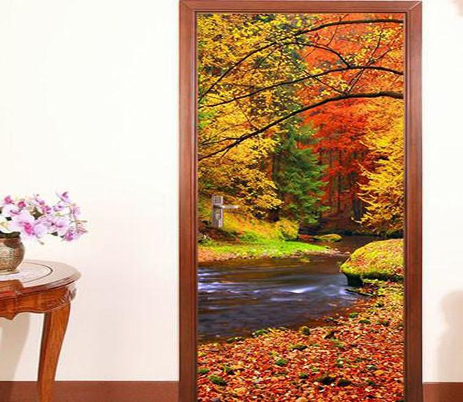 3D autumn tree fallen leaves river water door mural Wallpaper AJ Wallpaper 