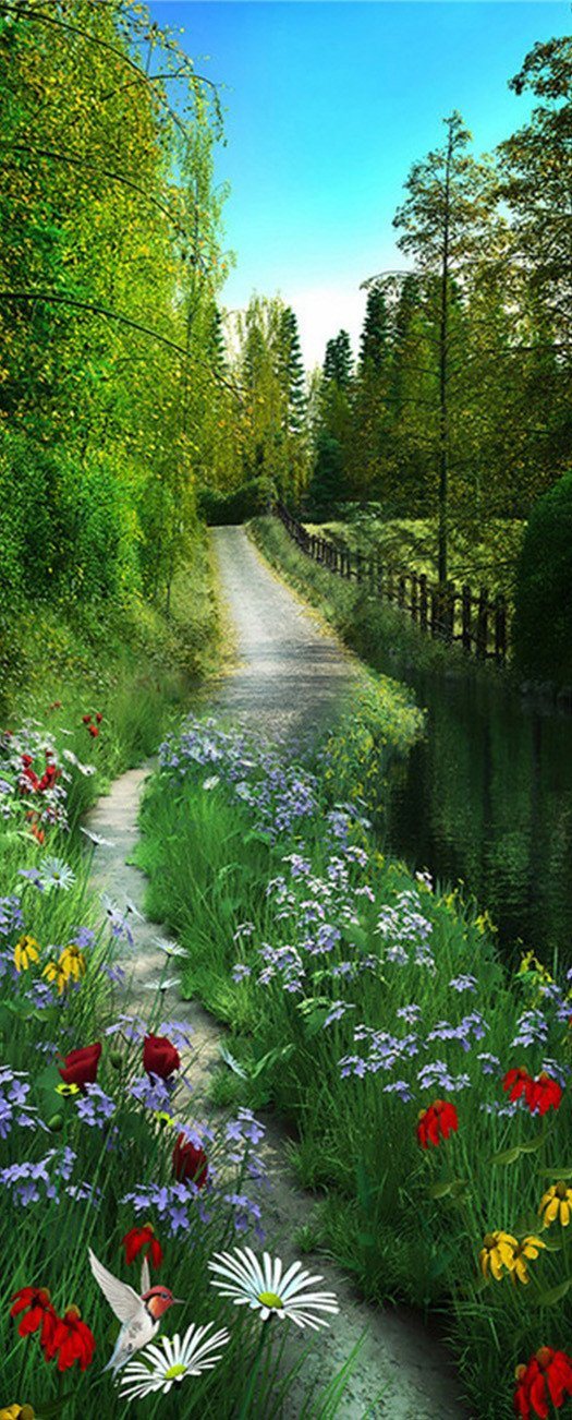 3D path flowers and trees door mural Wallpaper AJ Wallpaper 