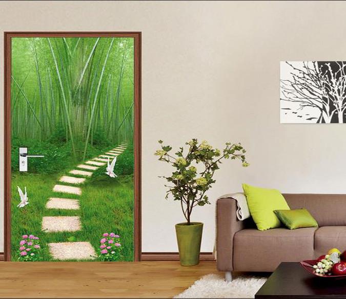 3D bamboo forest dove and flower door mural Wallpaper AJ Wallpaper 