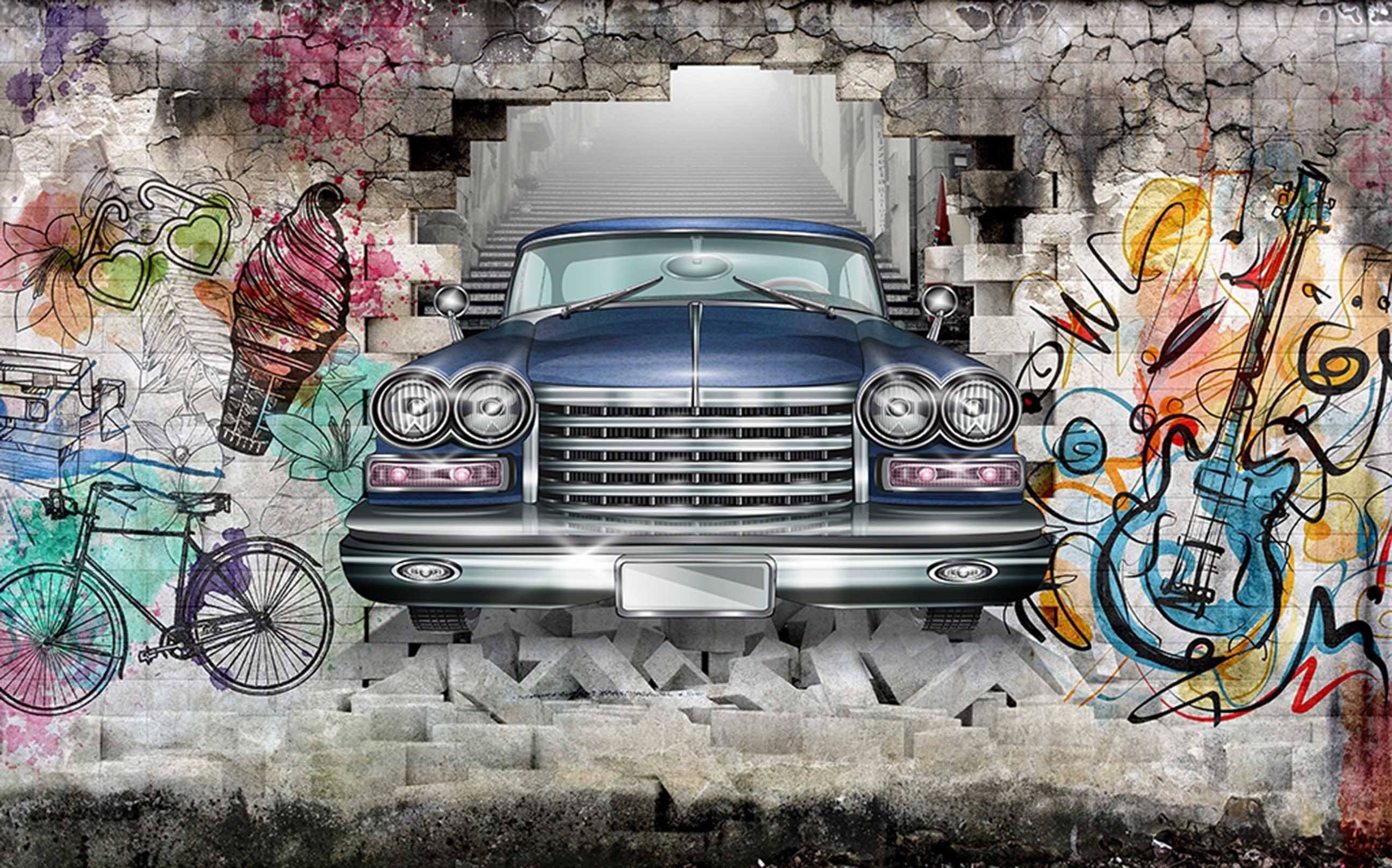 3D Graffiti Bricks Car 70 Garage Door Mural Wallpaper AJ Wallpaper 