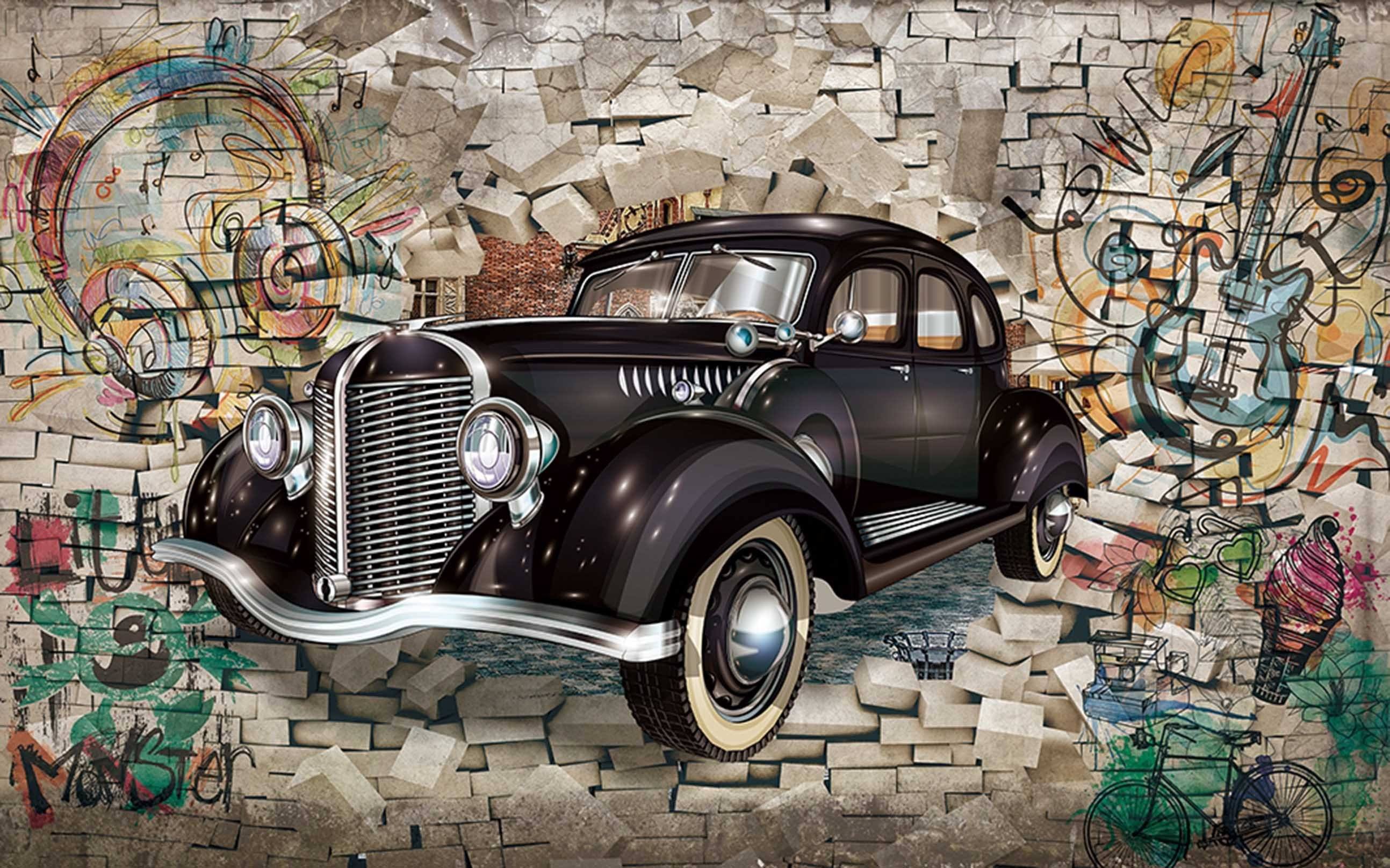 3D Bricks Graffiti Car 71 Garage Door Mural | AJ Wallpaper