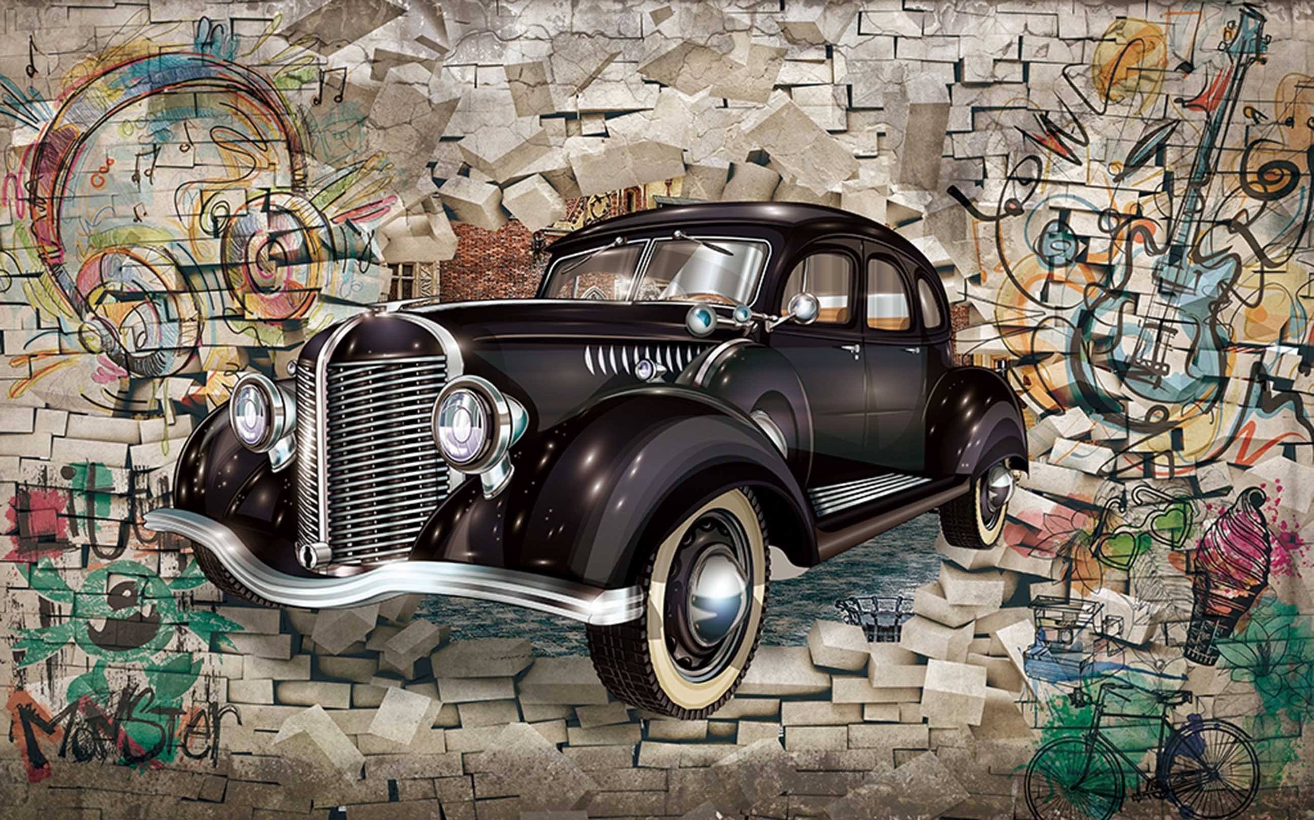 3D Bricks Graffiti Car 71 Garage Door Mural Wallpaper AJ Wallpaper 