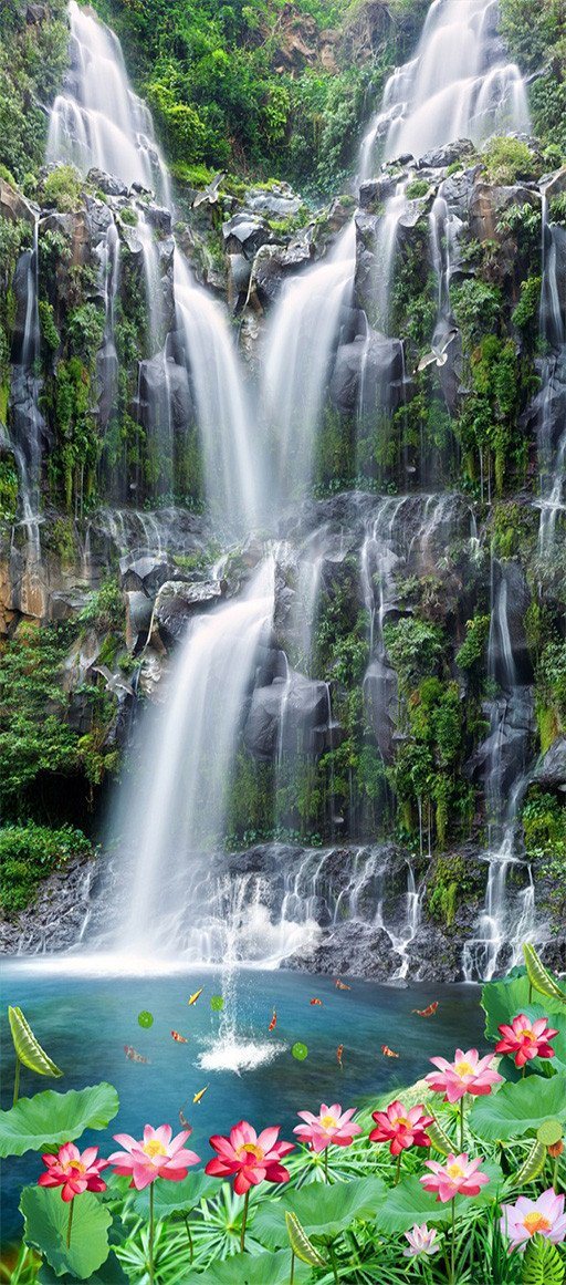 3D lotus waterfall door mural Wallpaper AJ Wallpaper 