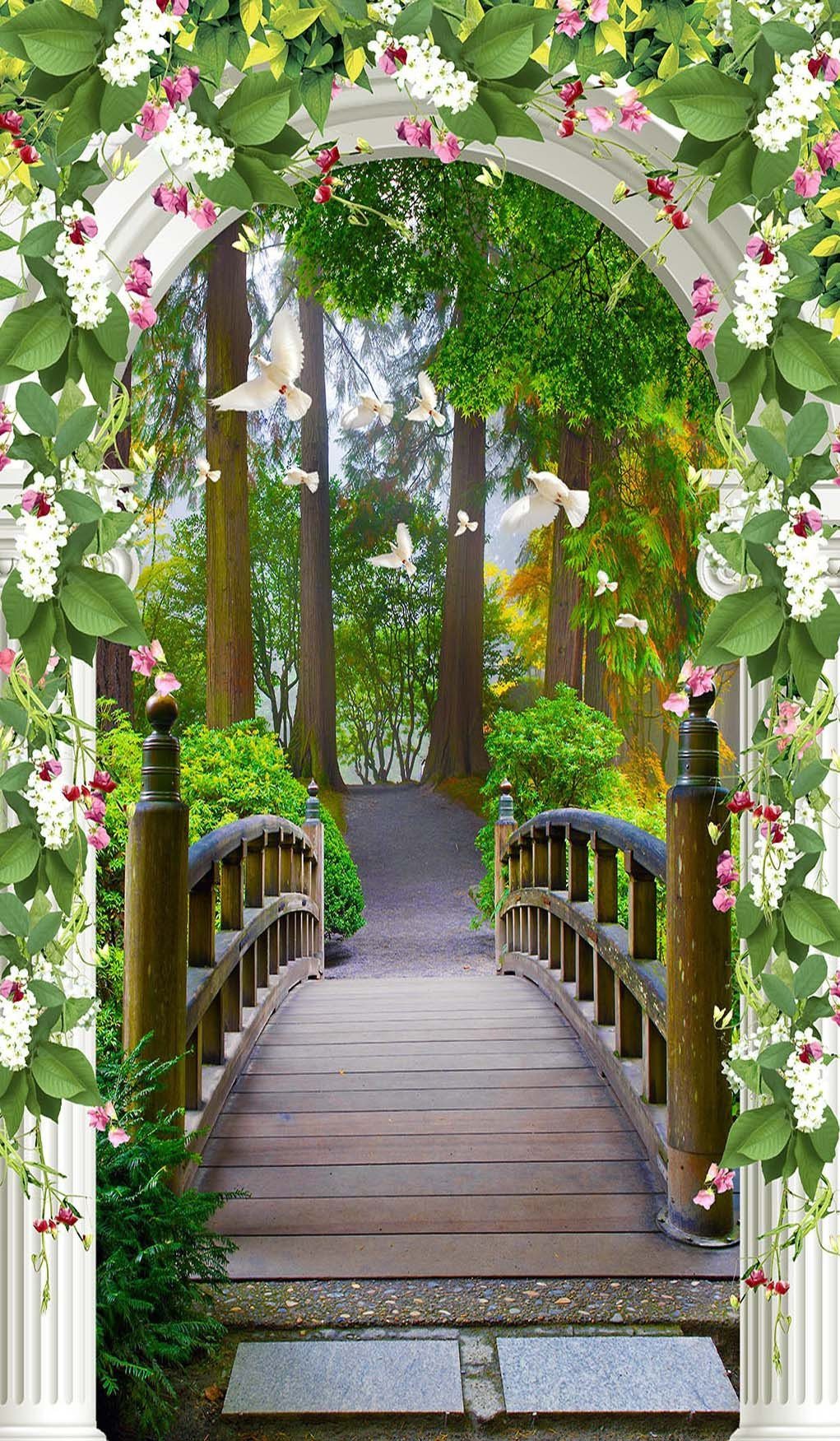 3D arch covered with flowers door mural Wallpaper AJ Wallpaper 