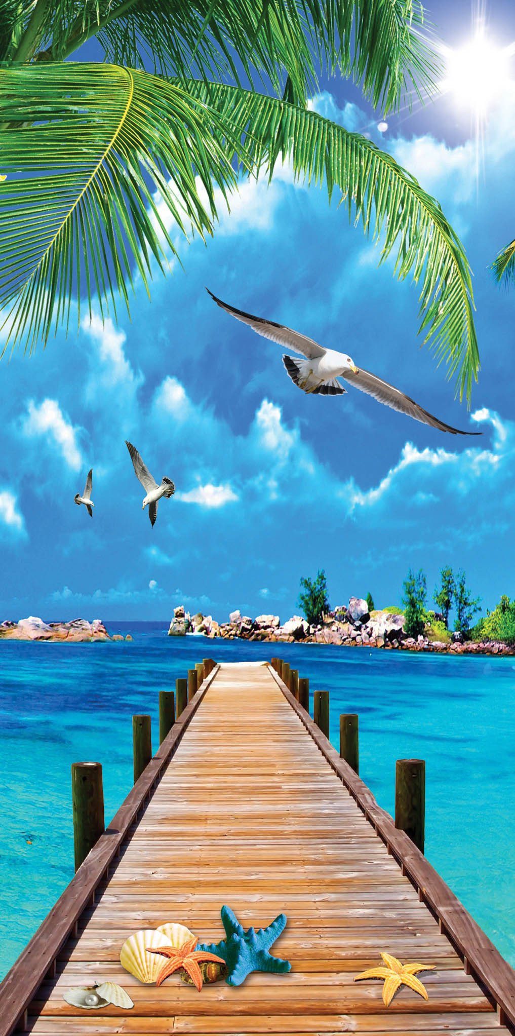 3D starfish seabridge seagull door mural Wallpaper AJ Wallpaper 