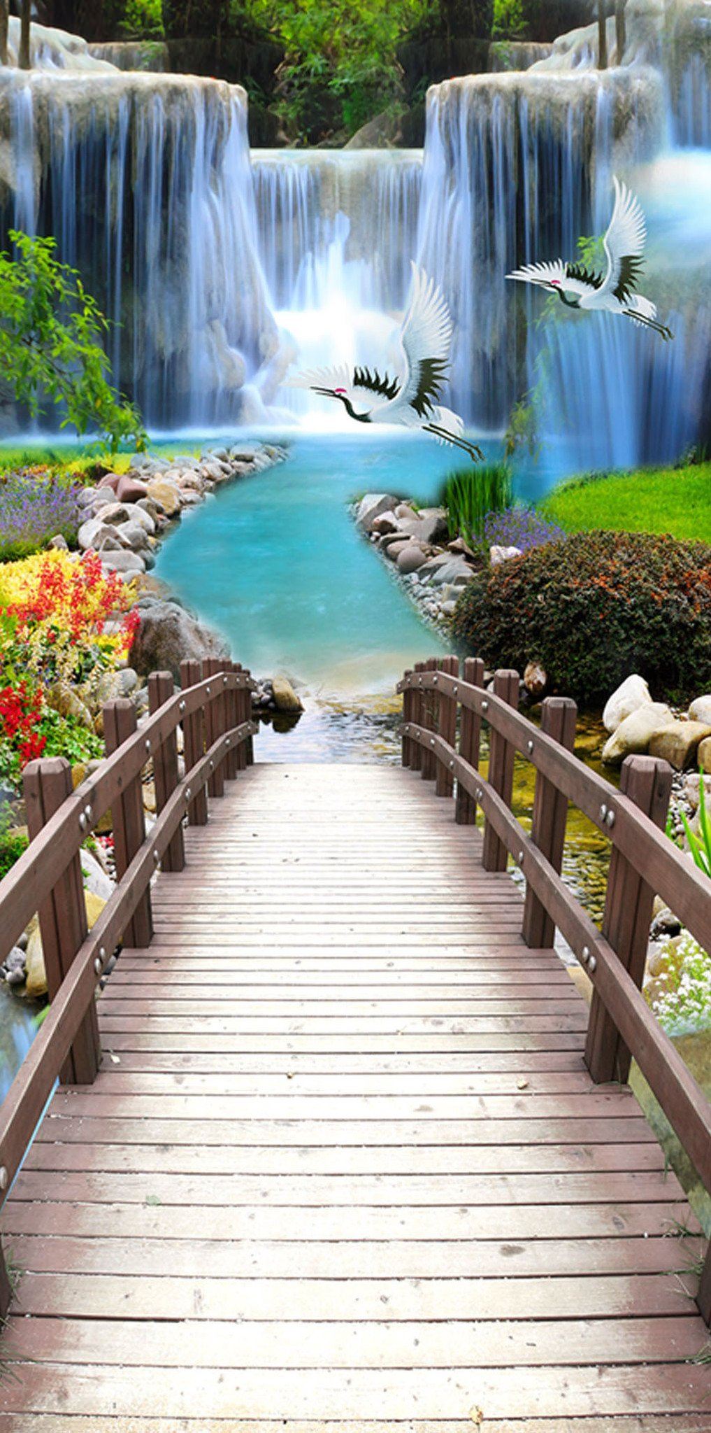 3D falls wooden bridge painting door mural Wallpaper AJ Wallpaper 
