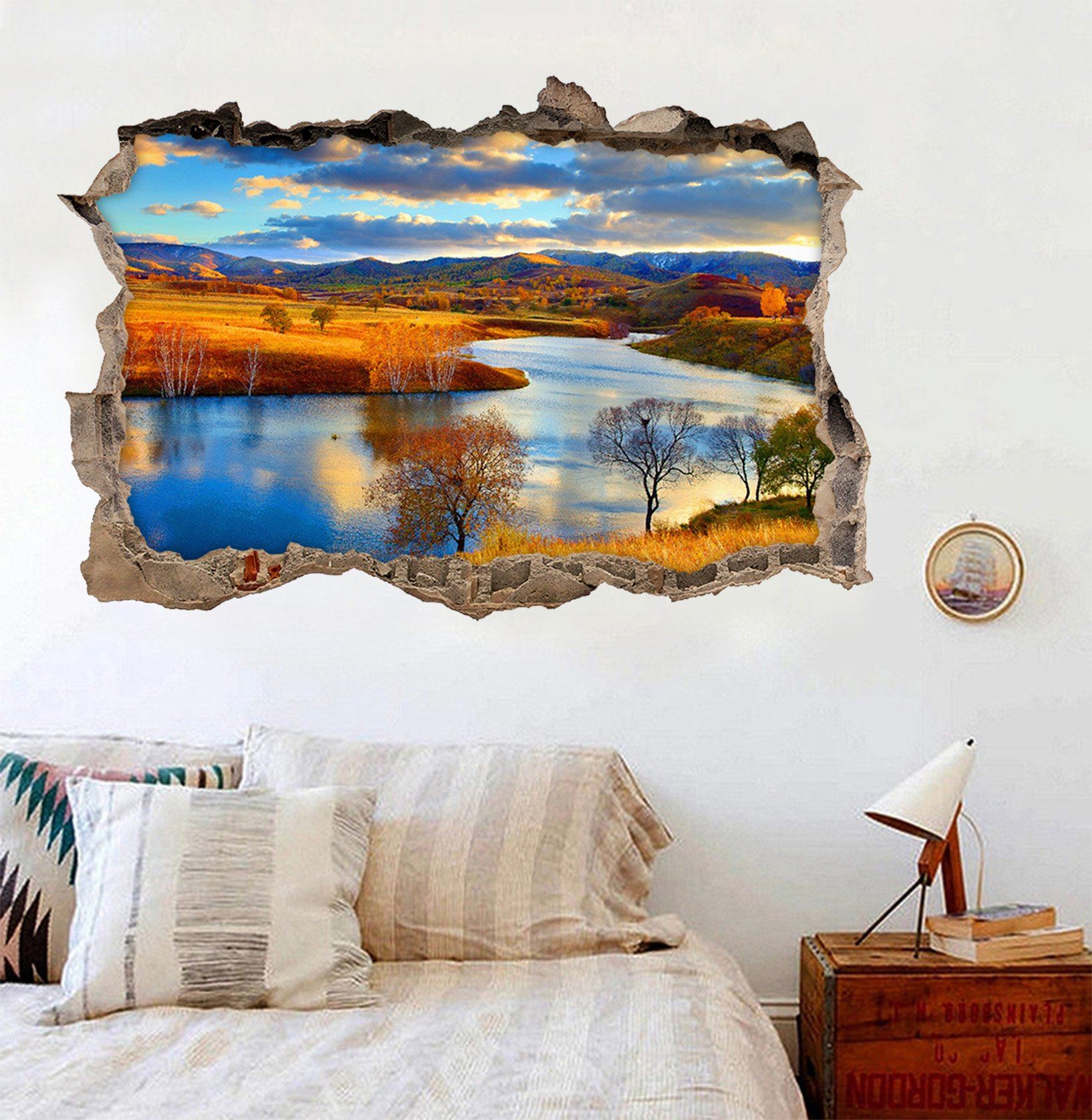3D River Sunset Scenery 391 Broken Wall Murals Wallpaper AJ Wallpaper 