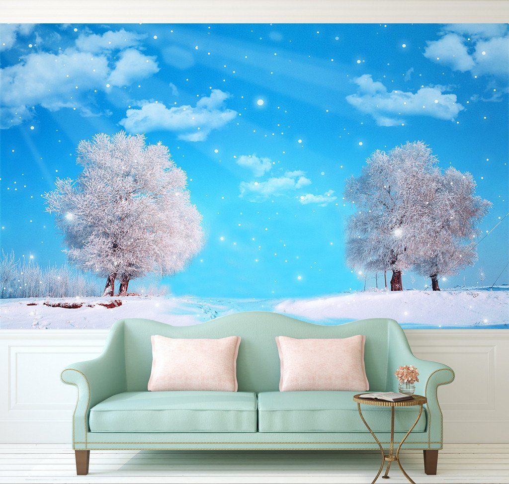 3D Snow Pines Blue Sky 033 Wallpaper AJ Wallpaper 