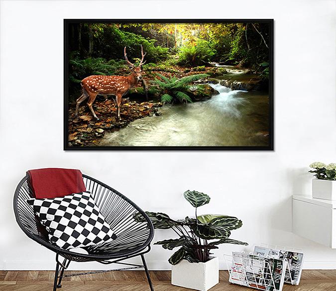 3D Fawn Drinking Water 068 Fake Framed Print Painting Wallpaper AJ Creativity Home 