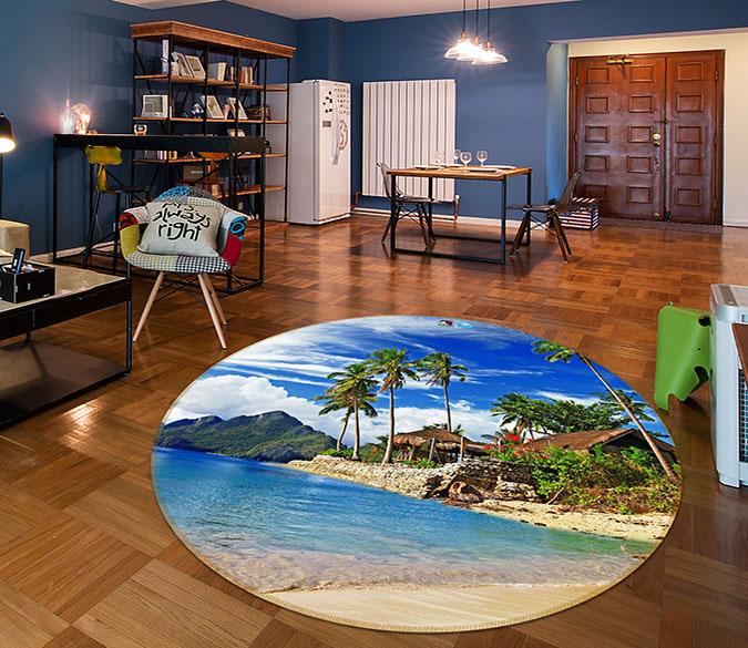 3D Grass House Coconut Tree 336 Round Non Slip Rug Mat Mat AJ Creativity Home 