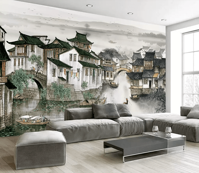 3D Ink Painting Small Town River 215 Wallpaper AJ Wallpaper 2 