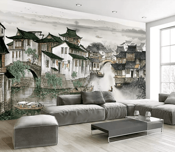 3D Ink Painting Small Town River 215 Wallpaper AJ Wallpaper 2 