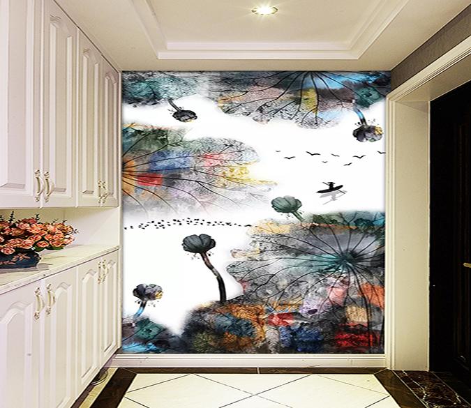 3D Ink Lotus Leaf 504 Wallpaper AJ Wallpaper 