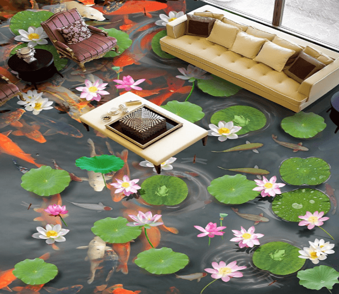 3D Goldfish Lotus Pond 298 Floor Mural Wallpaper AJ Wallpaper 2 