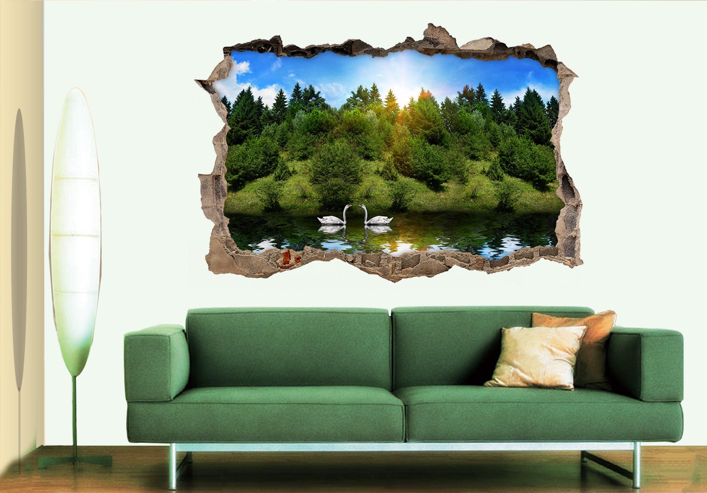 3D Green Mountain Lake Swans 390 Broken Wall Murals Wallpaper AJ Wallpaper 
