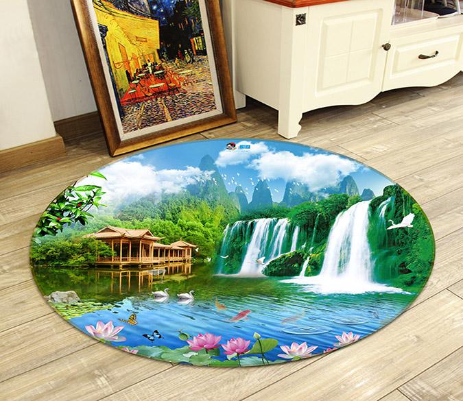 3D Waterfall Lotus 038 Round Non Slip Rug Mat Mat AJ Creativity Home 