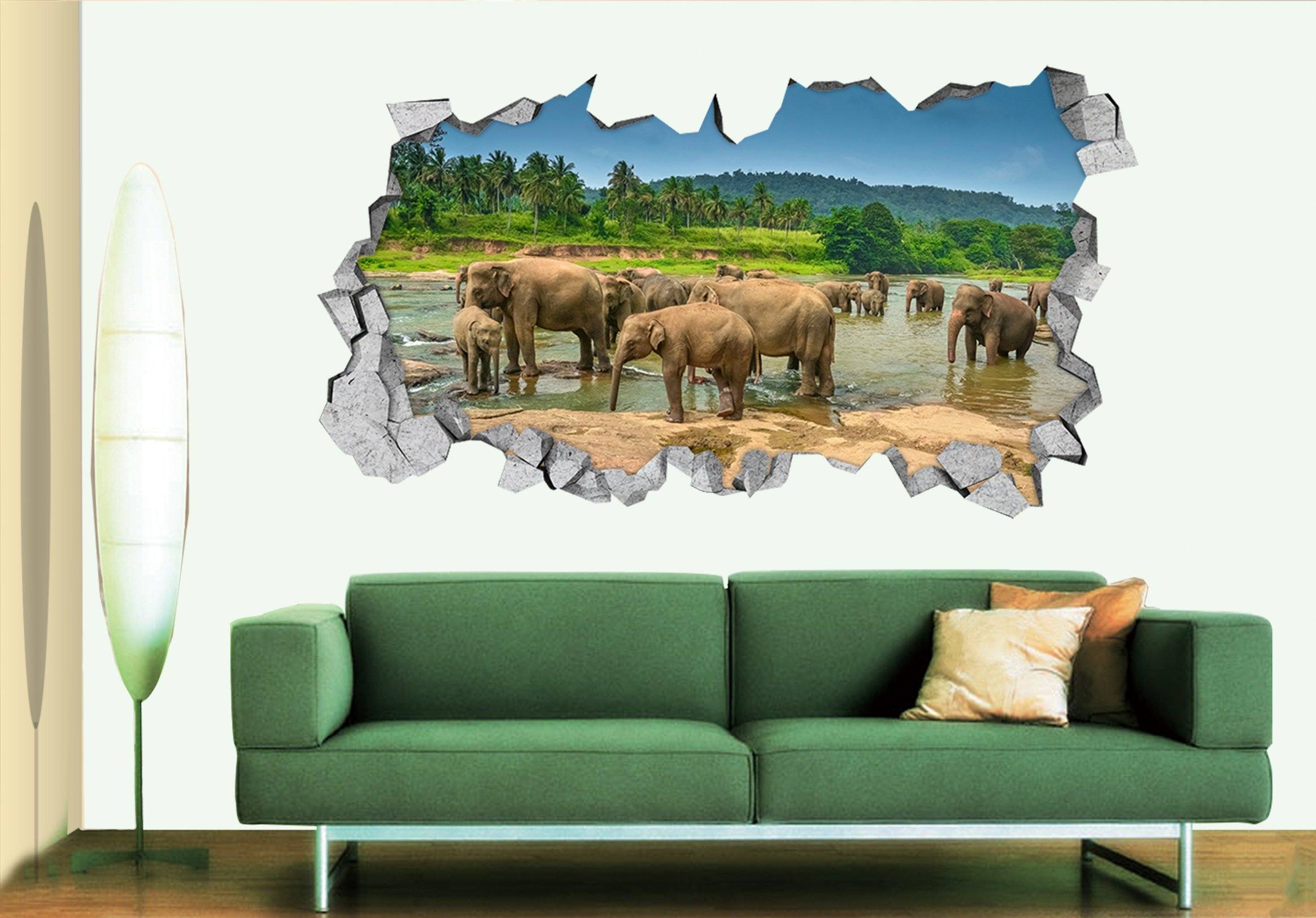 3D River Elephants 302 Broken Wall Murals Wallpaper AJ Wallpaper 