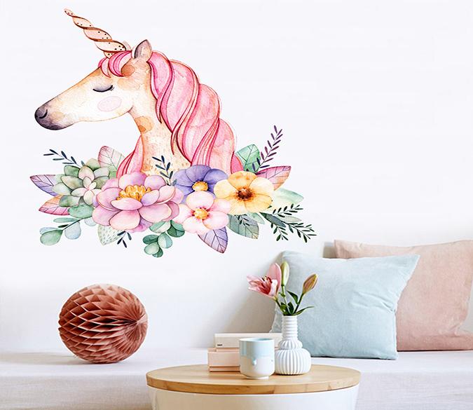 3D Unicorn Head Flower 002 Wall Stickers Wallpaper AJ Wallpaper 