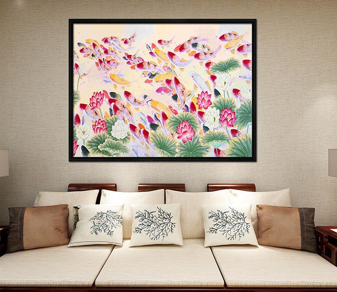 3D Fish School 016 Fake Framed Print Painting Wallpaper AJ Creativity Home 