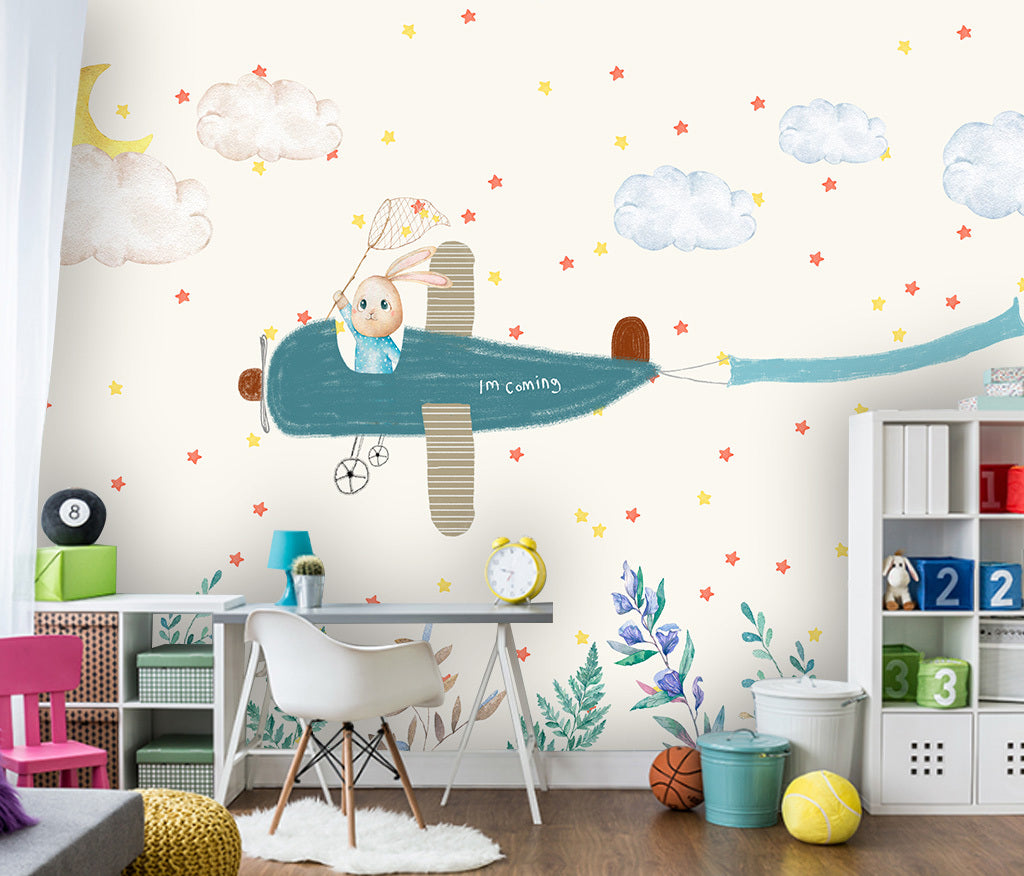 3D Blue Plane WC058 Wall Murals