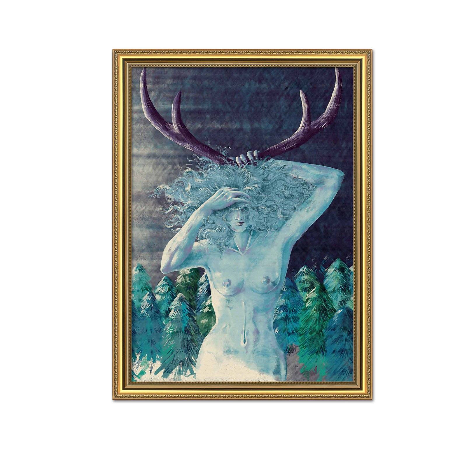 3D Antler Woman 084 Fake Framed Print Painting Wallpaper AJ Creativity Home 