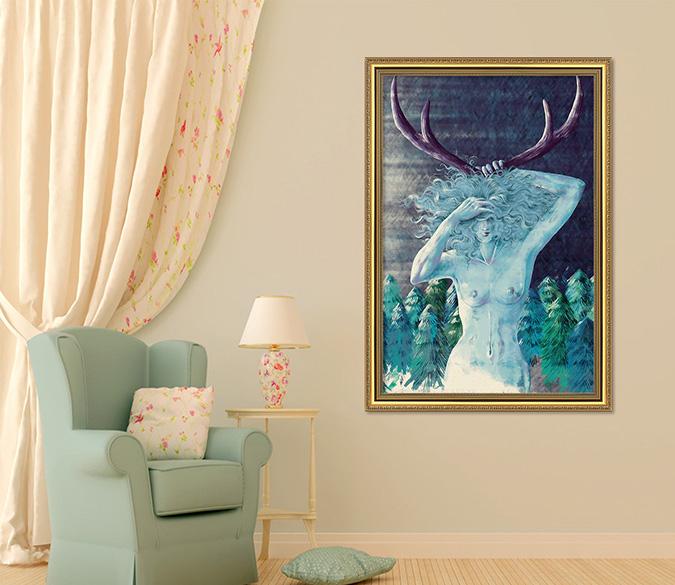 3D Antler Woman 084 Fake Framed Print Painting Wallpaper AJ Creativity Home 