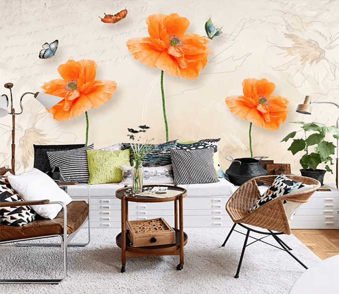 3D Orange Flower Butterfly 1308 Wallpaper AJ Wallpaper 2 