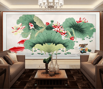 3D Lotus Leaf Mandarin Duck 1395 Wallpaper AJ Wallpaper 2 