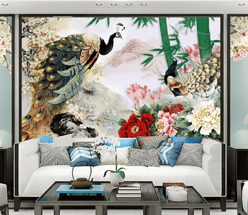 3D Proud Peacock Bamboo Forest 1531 Wallpaper AJ Wallpaper 2 